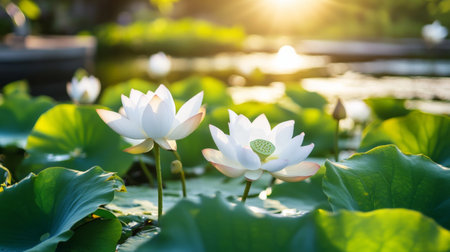 White lotus blossoms glowing in morning light, with their petals delicately layered above the green leaves on calm pond waterの素材