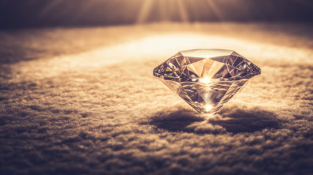 Close-up view of a sparkling diamond on a soft velvet surface, showcasing its brilliant cut and shimmering facets under soft lightingの素材