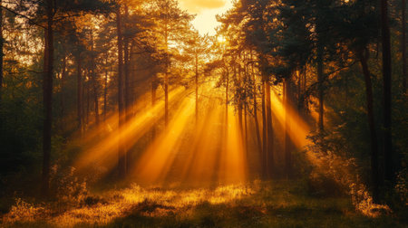 Sunset view with warm, golden sunlight streaming through a forest, illuminating the trees and creating a beautiful contrastの素材