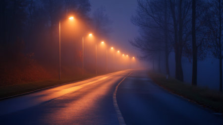 Streetlights casting an orange hue over an empty road, mist in the air creating a moody, serene scene at duskの素材