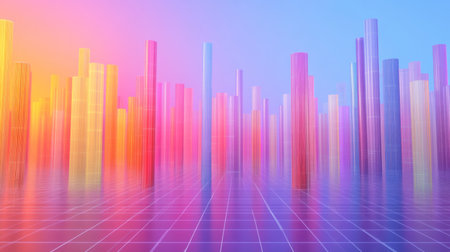 Colorful D bars rising from a digital grid floor, with subtle lighting and a gradient background to create a dynamic visualの素材