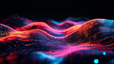Dynamic data wave in vibrant neon colors, representing digital information flow on a black background for a futuristic, tech-inspired lookの素材