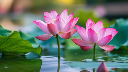 Pink lotus flowers blooming gracefully on still water, with green lotus leaves surrounding them and subtle reflections on the ponds surfaceの素材