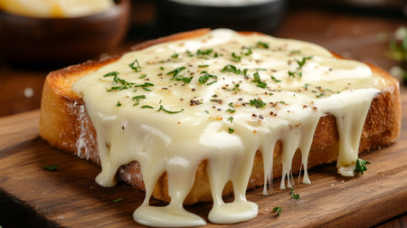 Toast with melted cheese oozing over the edges, garnished with fresh herbs, set on a wooden cutting board in a warm kitchen settingの素材