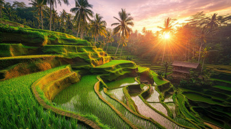 Sunlit rice paddy field with vibrant green stalks swaying in the wind, showcasing the beauty of rice cultivation at sunsetの素材