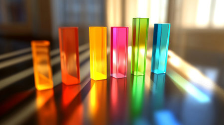 Multi-colored D bar graph on a glossy surface, with each bar casting distinct shadows, giving a sharp, vibrant appearanceの素材