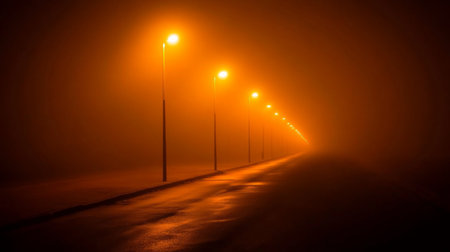 Streetlights casting an orange hue over an empty road, mist in the air creating a moody, serene scene at duskの素材