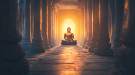 An artistic composition of a Buddha statue silhouette framed by ornate columns, with soft light filtering through, capturing the essence of spiritual beauty.の素材