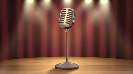 A dynamic microphone on a stand, set against a blurred stage backdrop with spotlights creating a professional performance atmosphere.の素材