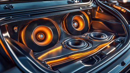 A detailed view of a subwoofer installed in the trunk of a car, with sleek metallic edges and soft reflections from the surrounding interior.の素材