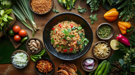 A rustic table filled with a generous serving of fried rice surrounded by colorful garnishes, showcasing the dish as a centerpiece for a hearty meal.の素材