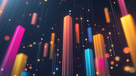 A set of colorful D financial graphs showing stock performance and business growth, set against a dark background with digital elements.の素材