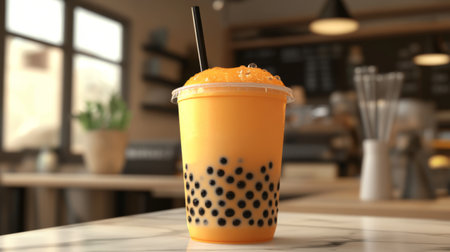 A stylish cup of bubble tea on a trendy marble surface, with condensation on the glass, highlighting the refreshing nature of this popular drink.の素材