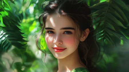 A radiant portrait of a woman with glowing skin and natural makeup, smiling softly against a backdrop of lush greenery, embodying freshness and vitality.の素材