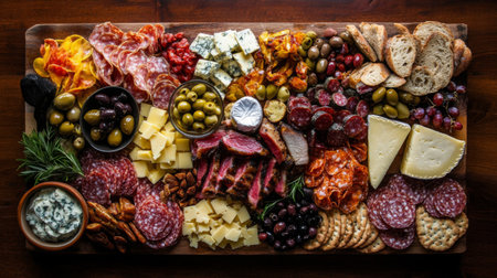 A detailed overhead view of a charcuterie board featuring various pork belly preparations, alongside cheeses, olives, and crusty bread, perfect for entertainingの素材