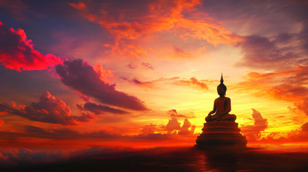 A striking silhouette of a Buddha statue set against a backdrop of a fiery sunset, with clouds reflecting shades of orange and pink, evoking a sense of peace.の素材