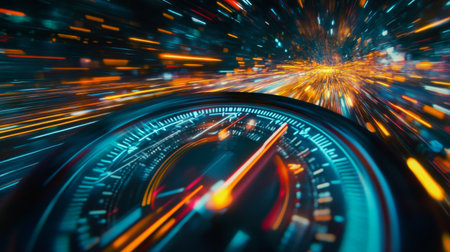 Abstract speedometer dial with bright neon colors and a blurred needle, symbolizing acceleration and high speedの素材