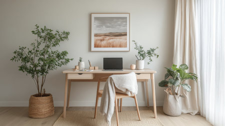 A beautifully arranged minimalist workspace featuring a light wood desk, a laptop on top, and a soft throw blanket draped over the chair for a cozy touchの素材