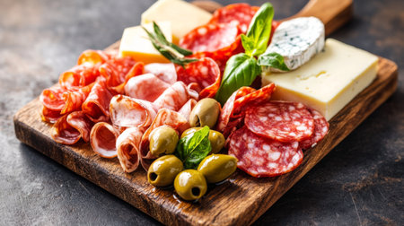 A colorful antipasto platter featuring cured meats, cheeses, olives, and marinated vegetables, artfully arranged on a wooden board for a traditional Italian feastの素材