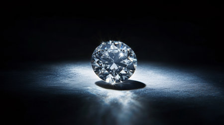 A dramatic shot of a single diamond earring illuminated by a spotlight, creating a stunning contrast against a dark background to highlight its brillianceの素材