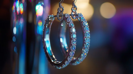 A captivating image of hoop diamond earrings hanging gracefully from a jewelry stand, illuminated by soft lighting to emphasize their exquisite sparkleの素材