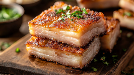 A close-up of perfectly cooked crispy pork belly, with golden-brown skin and succulent layers of meat, beautifully arranged on a rustic wooden cutting boardの素材