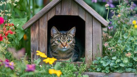 A cozy wooden cat house nestled in a garden, surrounded by colorful flowers and greenery, creating a peaceful and inviting environment for catsの素材