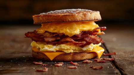 A creative composition of a breakfast sandwich layered with eggs, cheese, and crispy bacon, set against a rustic wooden background for a homey feelの素材