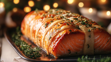 A stunning image of a salmon en crote, wrapped in flaky pastry with herbs and spices, presented elegantly on a platter, showcasing culinary creativityの素材