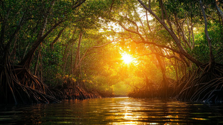 A picturesque mangrove landscape during sunset, with golden rays illuminating the trees and water, creating a tranquil and magical atmosphereの素材
