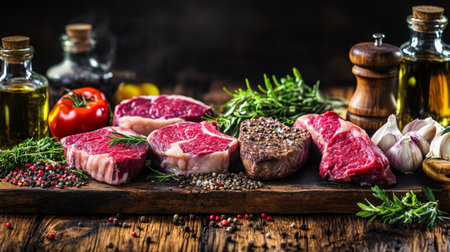 A rustic wooden table featuring a selection of raw steaks, including ribeye and filet mignon, with seasoning and fresh herbs ready for grillingの素材