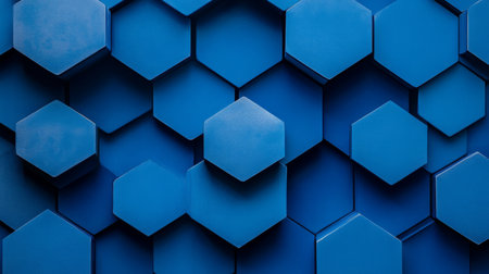 Hexagonal geometric patterns in cool blue tones, layered with shadows and textures for a modern, tech-inspired graphic backgroundの素材