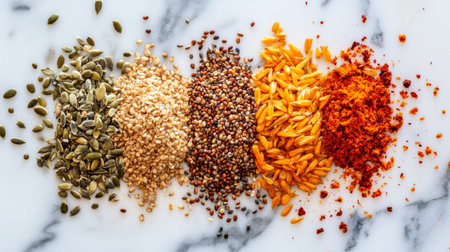 Mixed grains and seeds like sunflower seeds, pumpkin seeds, and lentils spread on a marble surface, creating a vibrant, health-focused sceneの素材