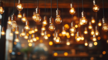 Cozy warm light bulbs hanging from a rustic wooden ceiling, illuminating the space with a soft amber glow against a dim backgroundの素材
