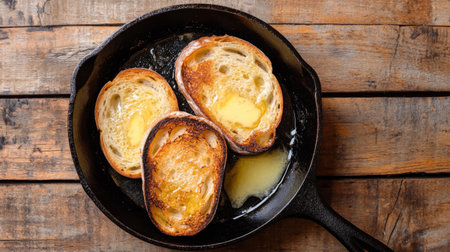 Slices of bread with melted butter in a cast-iron pan, creating a warm, cozy feel of toasted bread on a rustic wooden tableの素材