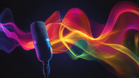 A visual representation of sound waves emanating from a microphone, illustrated with vibrant colors against a dark background, symbolizing audio energyの素材