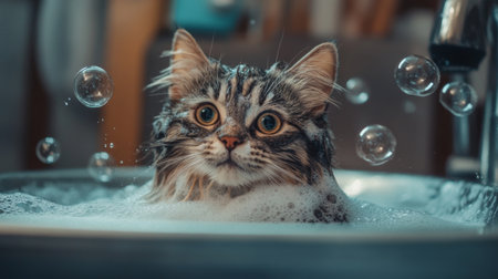 An artistic shot of a fluffy cat with its fur slicked back, sitting in a sink full of warm water, with soap bubbles and a playful expression on its face.の素材