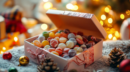 A charming image of a gift box filled with assorted , with the lid slightly open to reveal the colorful candies inside, set on a cozy, festive table.の素材
