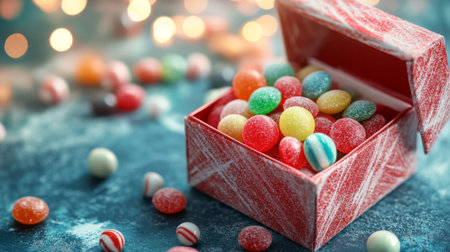 A charming image of a gift box filled with assorted , with the lid slightly open to reveal the colorful candies inside, set on a cozy, festive table.の素材