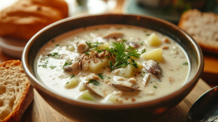 A beautiful bowl of clam chowder with chunks of tender clams, potatoes, and celery, served with a side of crusty bread in a cozy, inviting setting.の素材