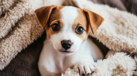 A close-up of an adorable puppy with big, expressive eyes and a playful expression, sitting on a fluffy blanket in a cozy living room setting.の素材