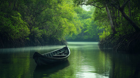 A tranquil scene of a small boat navigating through a mangrove forest, surrounded by towering trees and lush greenery, highlighting the unique ecosystemの素材