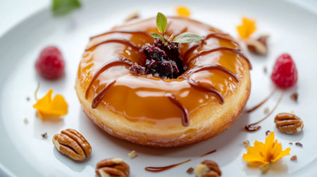 An artistic shot of a donut with a drizzle of caramel or icing, placed on a white plate with a few nuts or fruits around, highlighting the desserts richness.の素材