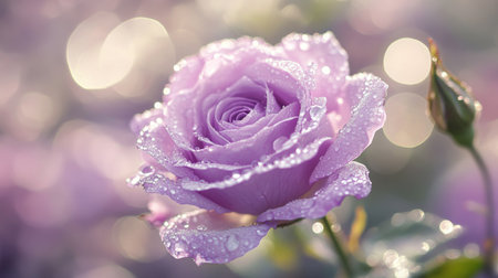 A delicate close-up of a lavender rose with fresh morning dew, with soft focus on the edges of the petals and the surrounding greenery slightly blurred.の素材