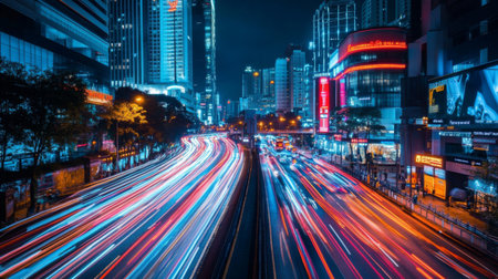 A dynamic shot of a modern city road with striking architecture, neon lights, and bustling traffic, showcasing the vibrant energy of urban life at night.の素材