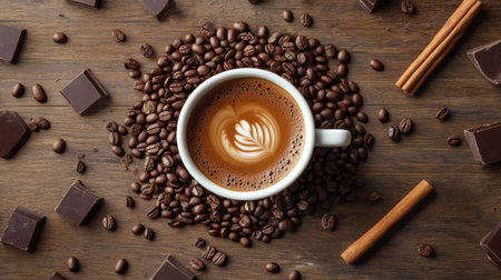A dynamic flat lay of coffee beans forming a spiral around a cup of espresso, with cinnamon sticks and chocolate chunks artfully placed on a wooden surface.の素材