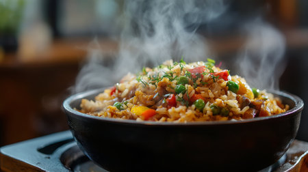 A close-up shot of steaming curry fried rice served in a bowl, showcasing the mix of colorful ingredients and aromatic spices in a cozy dining setting.の素材