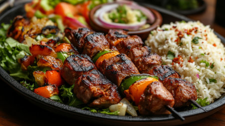 A delicious pork kebab being grilled over an open flame, with chunks of marinated pork and vegetables, served with a side of rice and a fresh salad.の素材