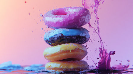 A creative image of donuts being stacked in a fun, artistic arrangement, with a focus on the vibrant colors and textures of the different donut varieties.の素材