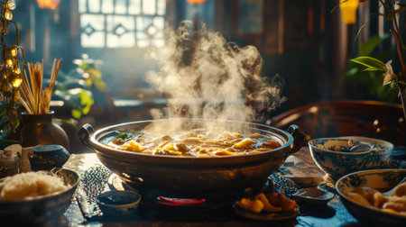 A dynamic shot of a steaming hot pot with a variety of ingredients simmering, set in a cozy dining room with traditional Asian tableware and ambient lighting.の素材